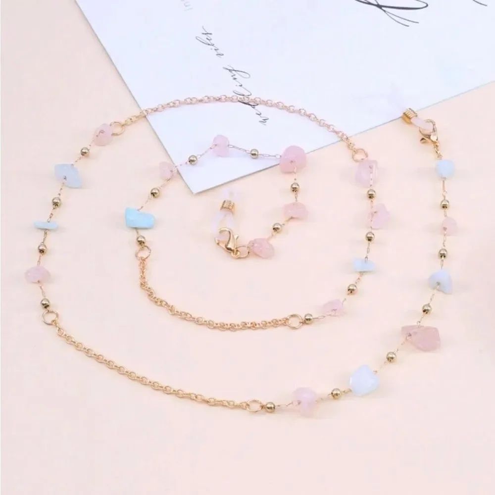 Gold pink and blue stone eyewear Chain A1658